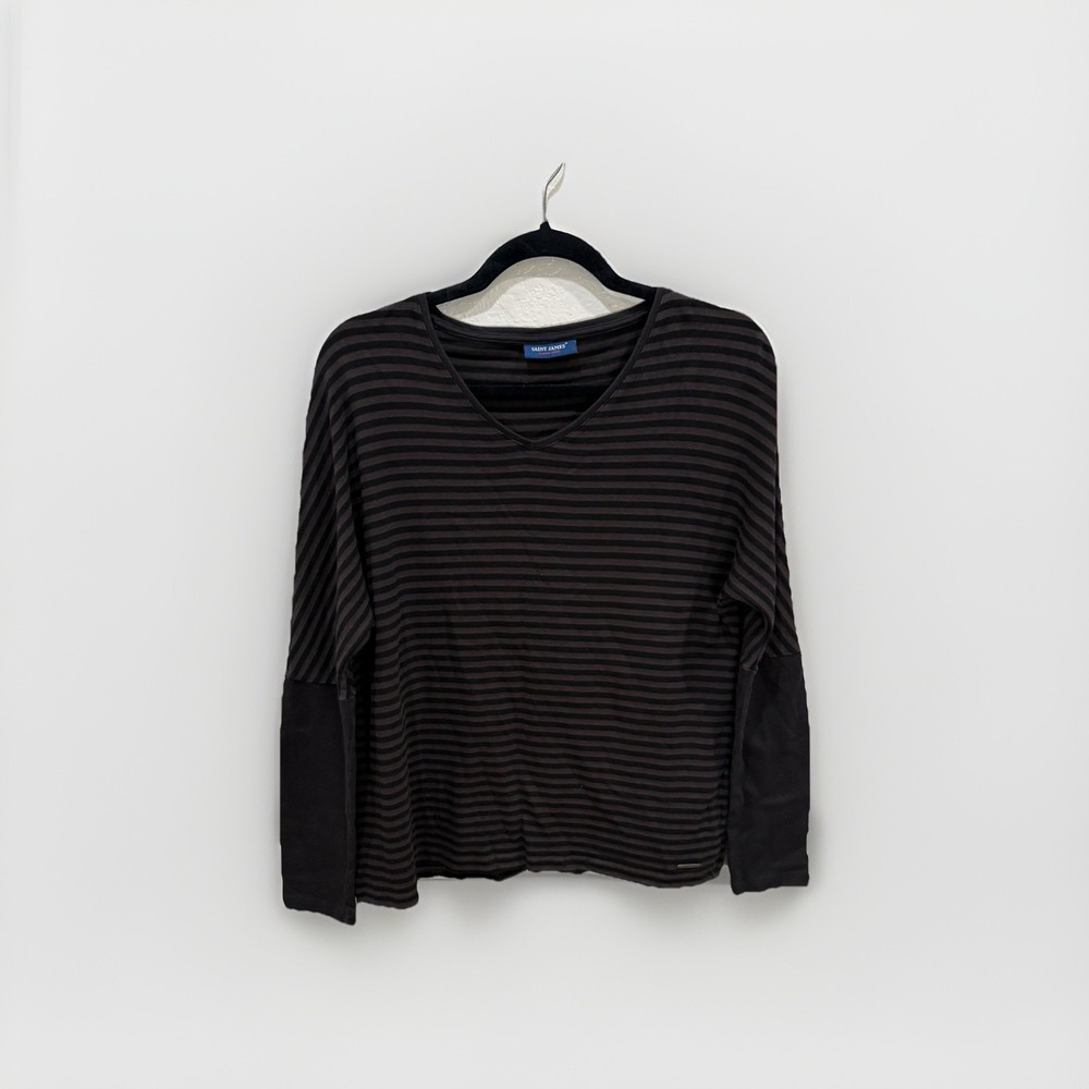 Saint James Womens Size Small Striped Top Long Sleeve Black Brown Panel Hem Logo